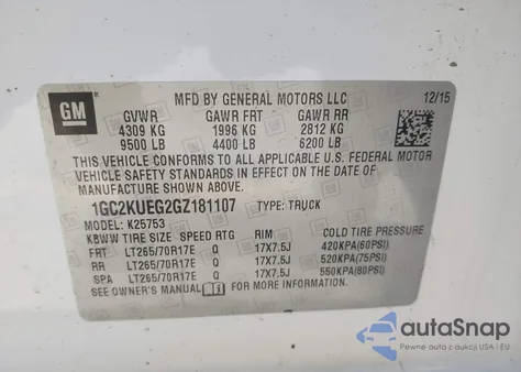 2016 Chevrolet Silverado 2500Hd Wt from USA, damaged, VIN 1GC2KUEG2GZ181107